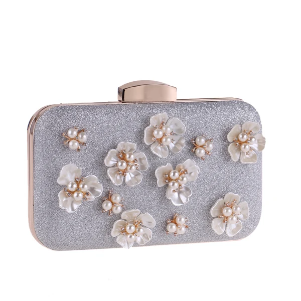 Chic / Belle Argenté Fleur Perle Faux Diamant Glitter Métal Pochette 2018