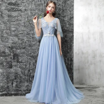 Chic Belle Bleu Ciel Robe De Soirée 2017 Princesse V Cou 1 2 Manches Appliques Fleur Perlage Paillettes Tribunal Train Volants Dos Nu Robe De Ceremonie