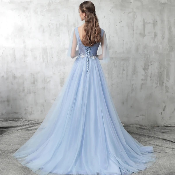 Chic / Belle Bleu Ciel Robe De Soirée 2017 Princesse V-Cou 1/2 Manches Appliques Fleur Perlage Paillettes Tribunal Train Volants Dos Nu Robe De Ceremonie