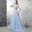 Chic / Belle Bleu Ciel Robe De Soirée 2017 Princesse V-Cou 1/2 Manches Appliques Fleur Perlage Paillettes Tribunal Train Volants Dos Nu Robe De Ceremonie