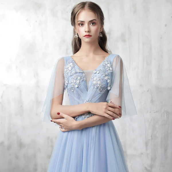 Chic / Belle Bleu Ciel Robe De Soirée 2017 Princesse V-Cou 1/2 Manches Appliques Fleur Perlage Paillettes Tribunal Train Volants Dos Nu Robe De Ceremonie