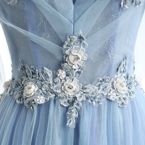 Chic / Belle Bleu Ciel Robe De Soirée 2017 Princesse V-Cou 1/2 Manches Appliques Fleur Perlage Paillettes Tribunal Train Volants Dos Nu Robe De Ceremonie