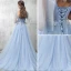 Chic / Belle Bleu Ciel Robe De Soirée 2017 Princesse V-Cou 1/2 Manches Appliques Fleur Perlage Paillettes Tribunal Train Volants Dos Nu Robe De Ceremonie