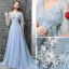 Chic / Belle Bleu Ciel Robe De Soirée 2017 Princesse V-Cou 1/2 Manches Appliques Fleur Perlage Paillettes Tribunal Train Volants Dos Nu Robe De Ceremonie