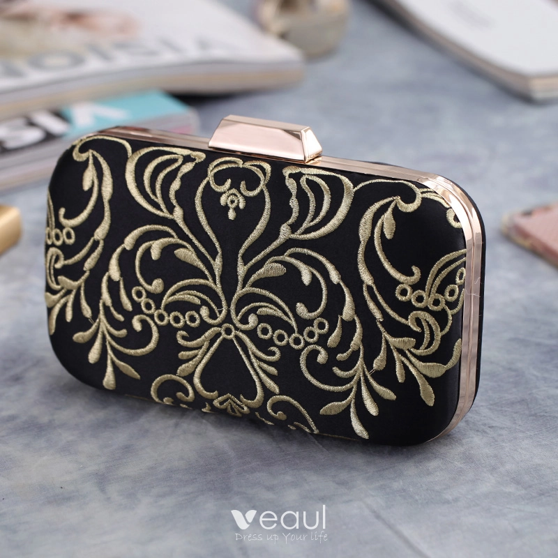 Vintage Retro Black Embroidered Metal Clutch Bags 2018