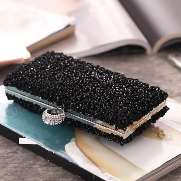 Lyx Svarta Pärla Beading Paljetter Rhinestone Metall Kuvertväska 2018