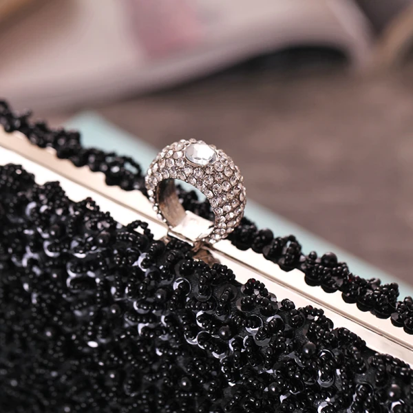 Lyx Svarta Pärla Beading Paljetter Rhinestone Metall Kuvertväska 2018