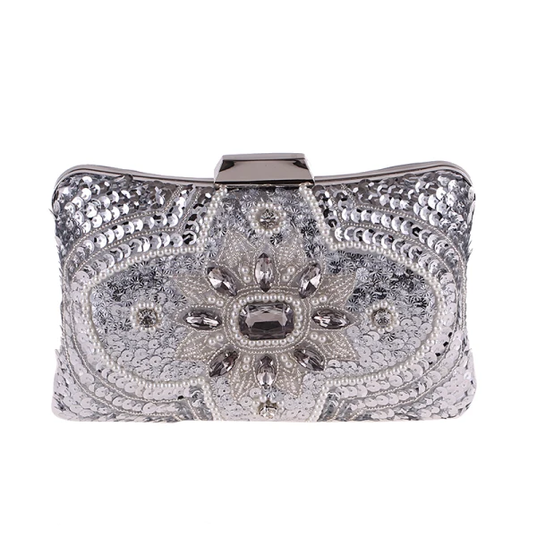 Luxury / Gorgeous Silver Sequins Beading Pearl Rhinestone Metal Clutch Bags 2018
