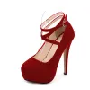 Fashion Red Evening Party Cocktail Party Pumps 2023 Waterproof Ankle Strap 14 cm Stiletto Heels Round Toe Pumps High Heels