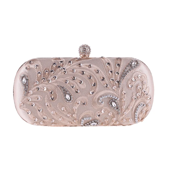 Piękne Beżowe Frezowanie Cekiny Perła Rhinestone Metal Kopertówki 2018