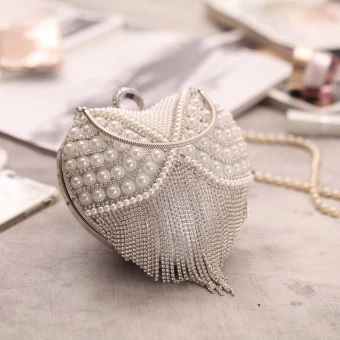 Luxe Argenté Perlage Perle Faux Diamant Gland Forme De Coeur Métal Pochette 2018