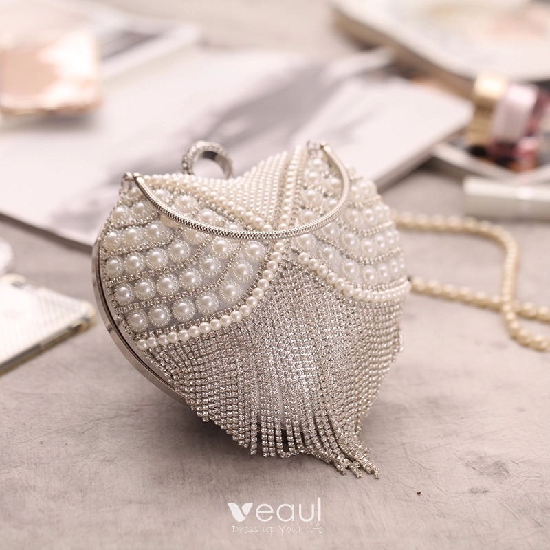 Luxury Gorgeous Silver Beading Pearl Rhinestone Tassel Heart shaped Metal Clutch Bags 2018