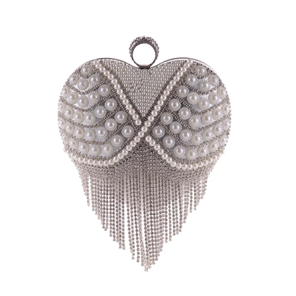 Luxe Argenté Perlage Perle Faux Diamant Gland Forme de coeur Métal Pochette 2018