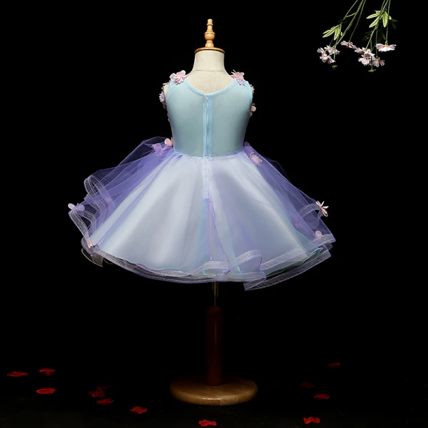 Chic / Belle Lavande Robe Ceremonie Fille 2018 Robe Boule Encolure Dégagée Sans Manches Appliques Fleur Perle Mi-Longues Volants Robe Pour Mariage