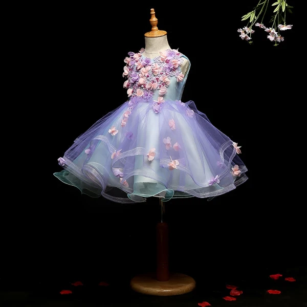Chic / Belle Lavande Robe Ceremonie Fille 2018 Robe Boule Encolure Dégagée Sans Manches Appliques Fleur Perle Mi-Longues Volants Robe Pour Mariage