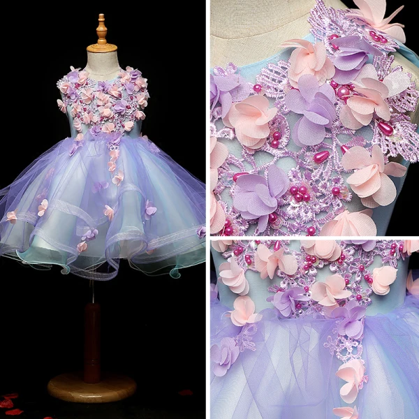 Chic / Belle Lavande Robe Ceremonie Fille 2018 Robe Boule Encolure Dégagée Sans Manches Appliques Fleur Perle Mi-Longues Volants Robe Pour Mariage