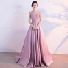 Chic / Beautiful Candy Pink Evening Dresses  2017 A-Line / Princess Scoop Neck Sleeveless Appliques Lace Court Train Ruffle Pierced Backless Formal Dresses