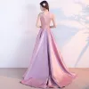 Chic / Beautiful Candy Pink Evening Dresses  2017 A-Line / Princess Scoop Neck Sleeveless Appliques Lace Court Train Ruffle Pierced Backless Formal Dresses