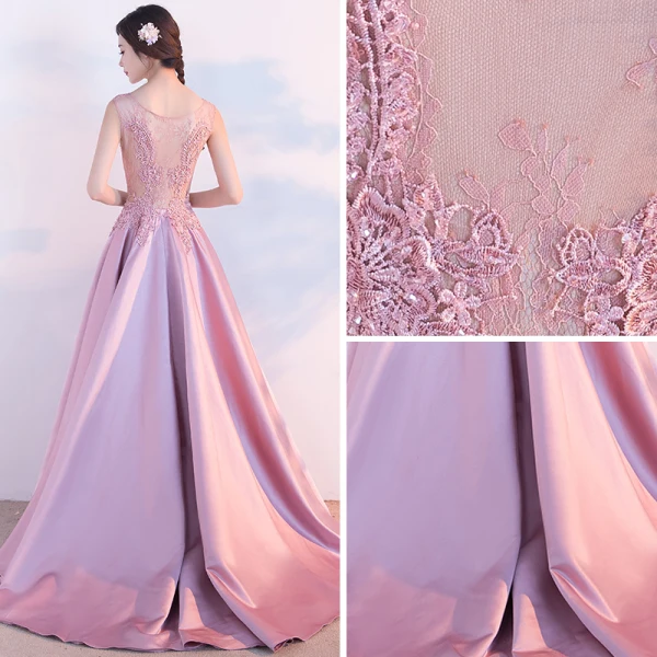 Chic / Belle Rose Bonbon Robe De Soirée 2017 Princesse Encolure Dégagée Sans Manches Appliques En Dentelle Tribunal Train Volants Percé Dos Nu Robe De Ceremonie