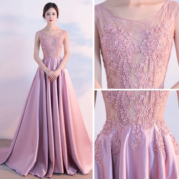 Chic / Belle Rose Bonbon Robe De Soirée 2017 Princesse Encolure Dégagée Sans Manches Appliques En Dentelle Tribunal Train Volants Percé Dos Nu Robe De Ceremonie