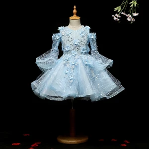 Chic Belle Bleu Ciel Robe Ceremonie Fille 2018 Princesse Encolure Dégagée Manches Longues Appliques En Dentelle Fleur Faux Diamant Mi Longues Volants Robe Pour Mariage