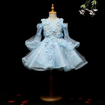Mooie Prachtige Hemelsblauw Bloemenmeisjes Jurken 2018 A Lijn Ronde Hals Lange Mouwen Appliques Kant Bloem Rhinestone Knielengte Ruche Jurken Voor Bruiloft