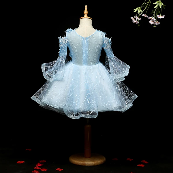 Chic / Beautiful Sky Blue Flower Girl Dresses 2018 A-Line / Princess Scoop Neck Long Sleeve Appliques Lace Flower Rhinestone Knee-Length Ruffle Wedding Party Dresses