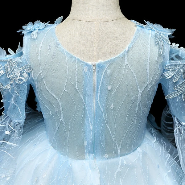 Chic / Beautiful Sky Blue Flower Girl Dresses 2018 A-Line / Princess Scoop Neck Long Sleeve Appliques Lace Flower Rhinestone Knee-Length Ruffle Wedding Party Dresses