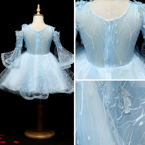 Chic / Beautiful Sky Blue Flower Girl Dresses 2018 A-Line / Princess Scoop Neck Long Sleeve Appliques Lace Flower Rhinestone Knee-Length Ruffle Wedding Party Dresses