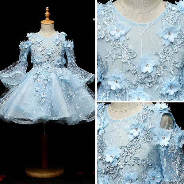 Chic / Beautiful Sky Blue Flower Girl Dresses 2018 A-Line / Princess Scoop Neck Long Sleeve Appliques Lace Flower Rhinestone Knee-Length Ruffle Wedding Party Dresses