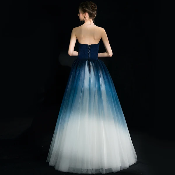 Modern / Fashion Navy Blue Gradient-Color White Evening Dresses 2018 A-Line  / Princess Strapless Sleeveless Floor-Length / Long Ruffle Backless Formal  Dresses