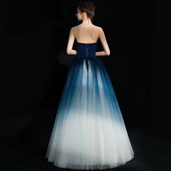 Modern Fashion Navy Blue Gradient Color White Evening Dresses 2018 A Line Princess Strapless Sleeveless Floor Length Long Ruffle Backless Formal Dresses