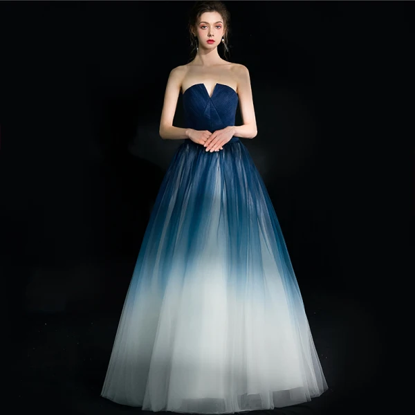 Modern / Fashion Navy Blue Gradient-Color White Evening Dresses 2018 A-Line / Princess Strapless Sleeveless Floor-Length / Long Ruffle Backless Formal Dresses