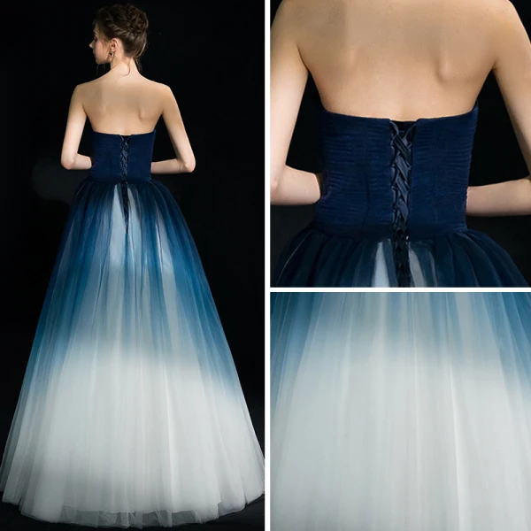 Modern / Fashion Navy Blue Gradient-Color White Evening Dresses 2018 A-Line / Princess Strapless Sleeveless Floor-Length / Long Ruffle Backless Formal Dresses