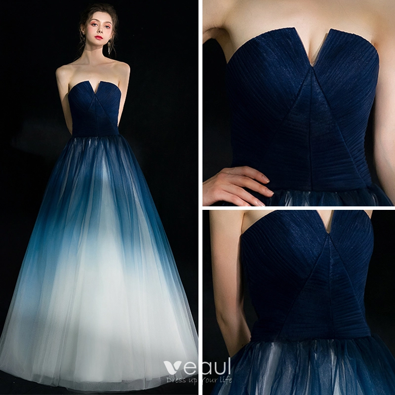 Modern / Fashion Navy Blue Gradient-Color White Evening Dresses 2018 A-Line  / Princess Strapless Sleeveless Floor-Length / Long Ruffle Backless Formal  Dresses
