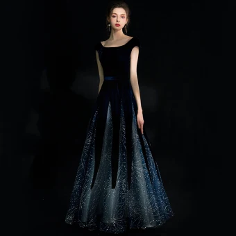 Chic Belle Bleu Marine Ciel Étoilé Daim Robe De Soirée 2018 Princesse Encolure Carrée Mancherons Glitter Faux Diamant Longue Volants Dos Nu Robe De Ceremonie