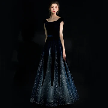 Chic Beautiful Navy Blue Starry Sky Suede Evening Dresses 2018 A Line Princess Square Neckline Cap Sleeves Glitter Rhinestone Floor Length Long Ruffle Backless Formal Dresses