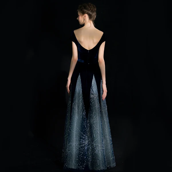 Chic / Beautiful Navy Blue Starry Sky Suede Evening Dresses 2018 A-Line / Princess Square Neckline Cap Sleeves Glitter Rhinestone Floor-Length / Long Ruffle Backless Formal Dresses