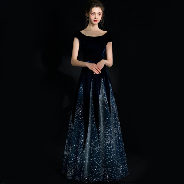 Chic / Beautiful Navy Blue Starry Sky Suede Evening Dresses 2018 A-Line / Princess Square Neckline Cap Sleeves Glitter Rhinestone Floor-Length / Long Ruffle Backless Formal Dresses