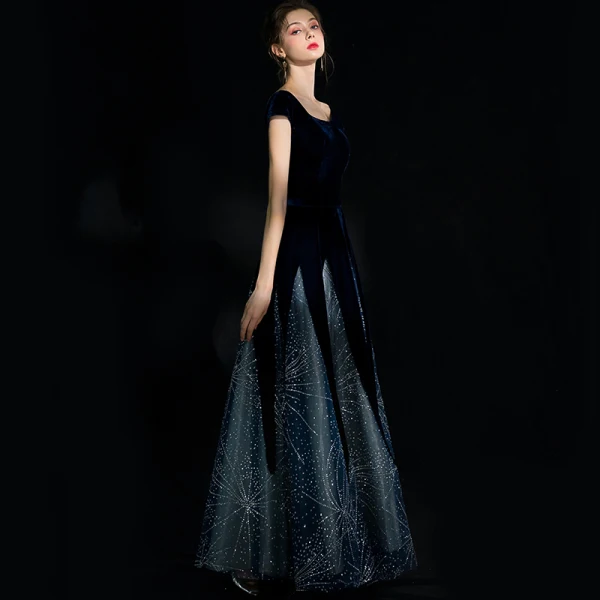 Chic / Beautiful Navy Blue Starry Sky Suede Evening Dresses 2018 A-Line / Princess Square Neckline Cap Sleeves Glitter Rhinestone Floor-Length / Long Ruffle Backless Formal Dresses