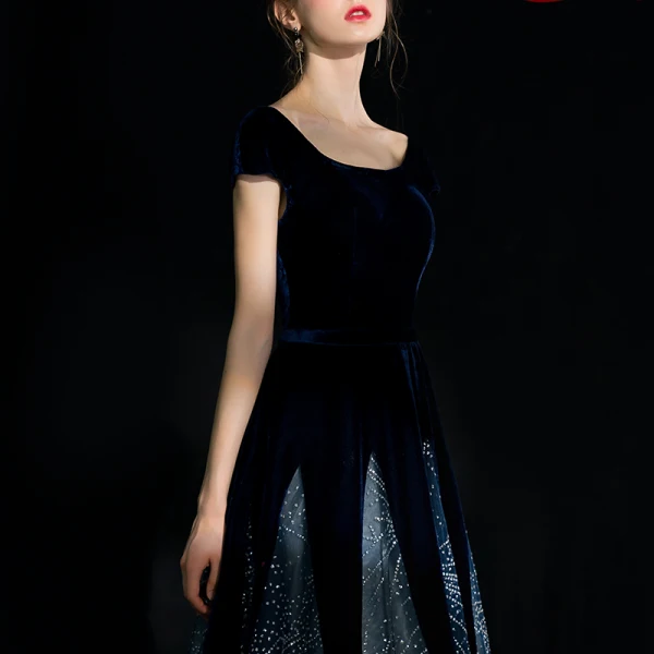 Chic / Beautiful Navy Blue Starry Sky Suede Evening Dresses 2018 A-Line / Princess Square Neckline Cap Sleeves Glitter Rhinestone Floor-Length / Long Ruffle Backless Formal Dresses