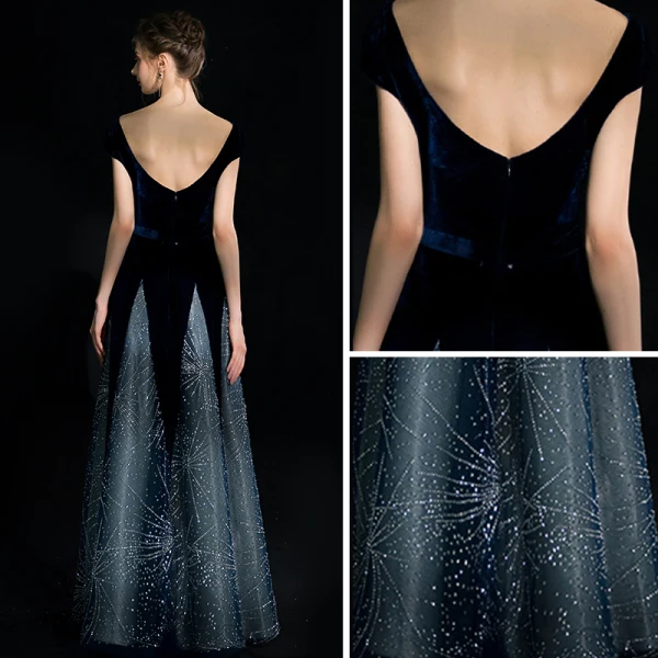 Chic / Beautiful Navy Blue Starry Sky Suede Evening Dresses 2018 A-Line / Princess Square Neckline Cap Sleeves Glitter Rhinestone Floor-Length / Long Ruffle Backless Formal Dresses