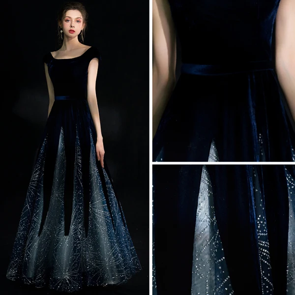 Chic / Beautiful Navy Blue Starry Sky Suede Evening Dresses 2018 A-Line / Princess Square Neckline Cap Sleeves Glitter Rhinestone Floor-Length / Long Ruffle Backless Formal Dresses