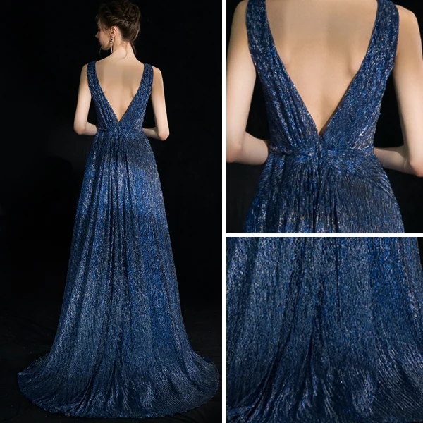 Modern / Fashion Navy Blue Evening Dresses  2018 A-Line / Princess V-Neck Sleeveless Glitter Tulle Floor-Length / Long Ruffle Backless Formal Dresses