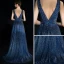 Modern / Fashion Navy Blue Evening Dresses  2018 A-Line / Princess V-Neck Sleeveless Glitter Tulle Floor-Length / Long Ruffle Backless Formal Dresses