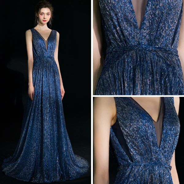 Modern / Fashion Navy Blue Evening Dresses  2018 A-Line / Princess V-Neck Sleeveless Glitter Tulle Floor-Length / Long Ruffle Backless Formal Dresses