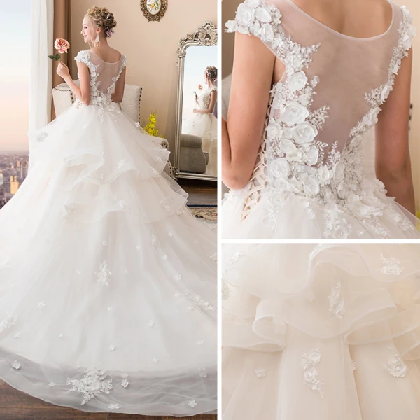 Illusion Ivoire Transparentes Robe De Mariée 2018 Robe Boule Encolure Dégagée Sans Manches Appliques Fleur Perlage Perle Cathedral Train Volants