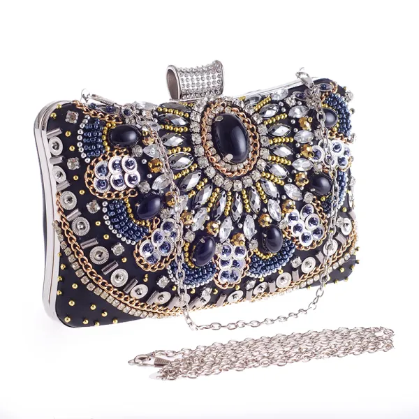 Luxury / Gorgeous Navy Blue Rhinestone Beading Pearl Metal Clutch Bags 2018