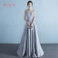 Chic / Belle Gris Robe De Soirée 2017 Princesse V-Cou Sans Manches Appliques Fleur Faux Diamant Paillettes Tribunal Train Volants Dos Nu Robe De Ceremonie