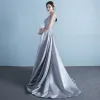 Chic / Beautiful Grey Evening Dresses  2017 A-Line / Princess V-Neck Sleeveless Appliques Flower Rhinestone Sequins Court Train Ruffle Backless Formal Dresses